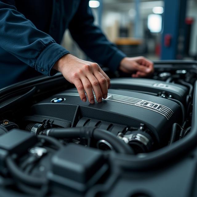 Technician performing routine maintenance on BMW engine